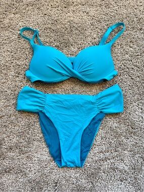 Calzedonia Super Push-up Top and Ruched Side Bottom Bikini Turquoise Size S